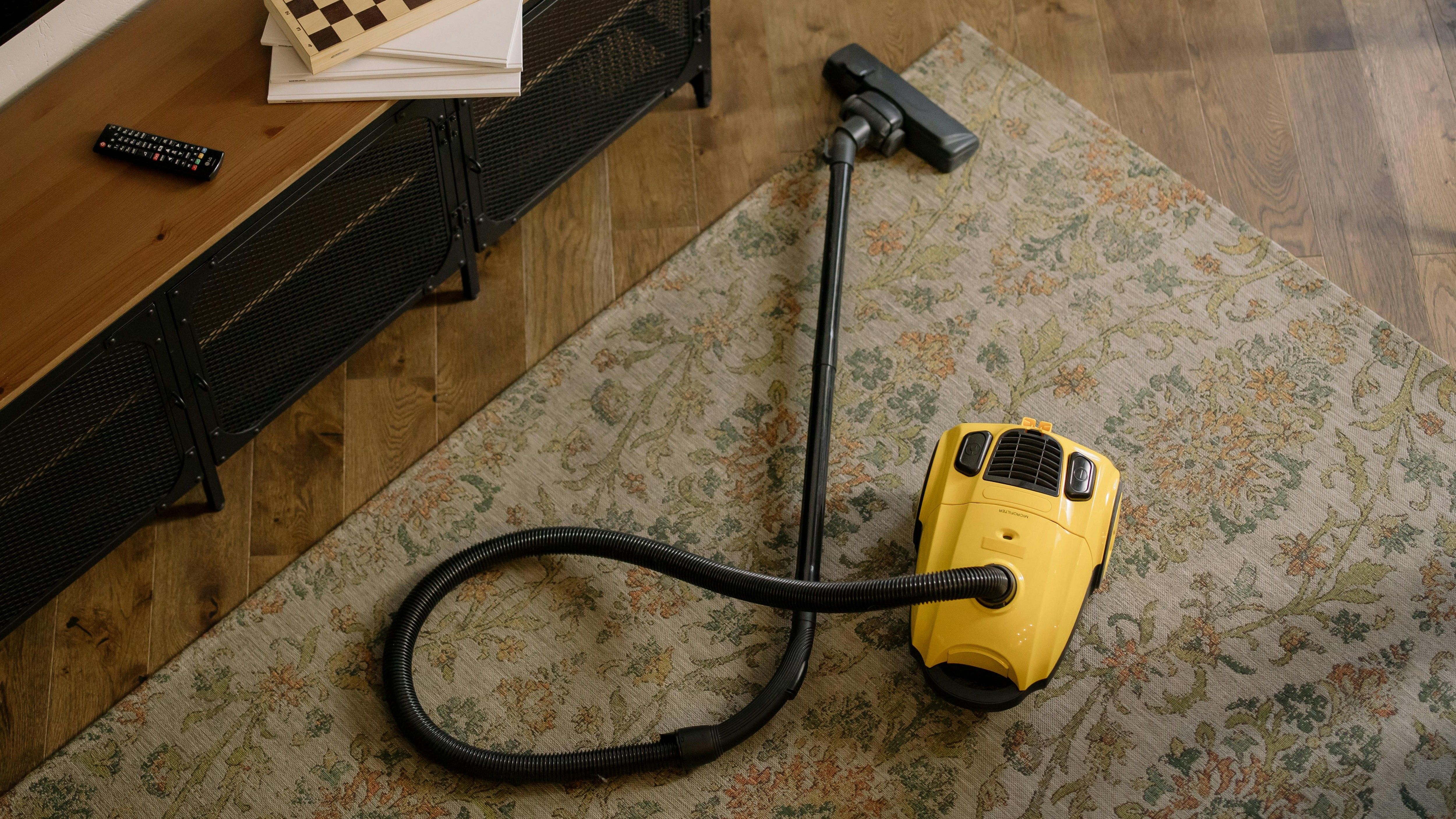 Vacuum cleaner on a patterned area rug in a living room